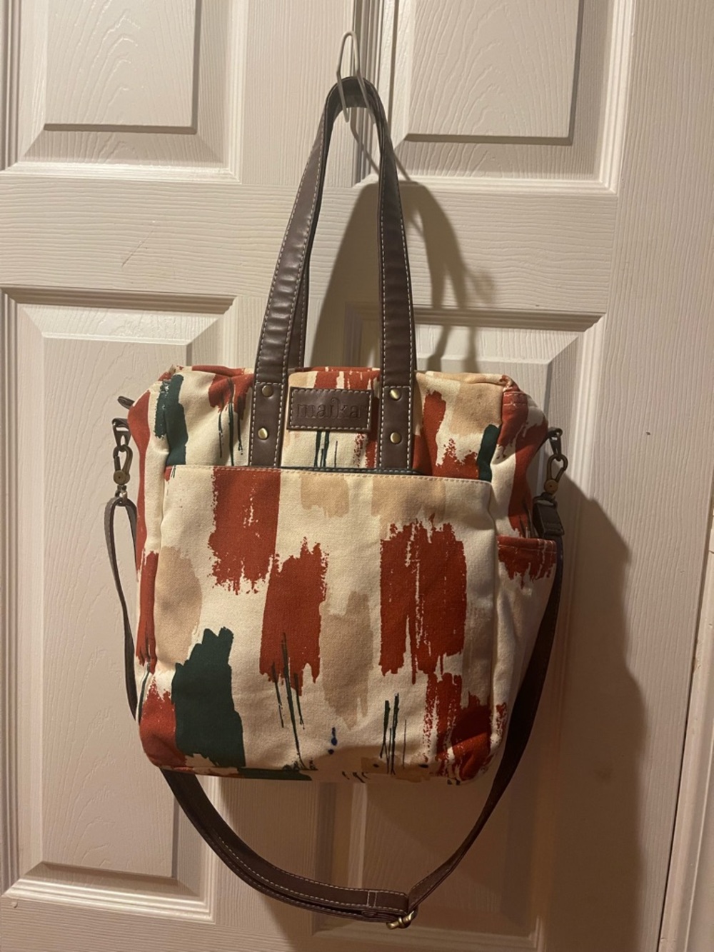 Maika Cream Canvas Rust &Green Brushstroke Print Tote shoulder bag Brown straps